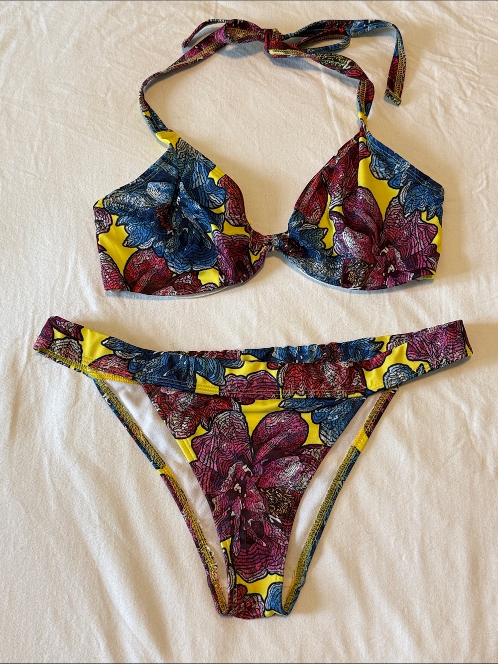 ASOS Yellow Floral Bikini Set with Blue and Magenta Flowers